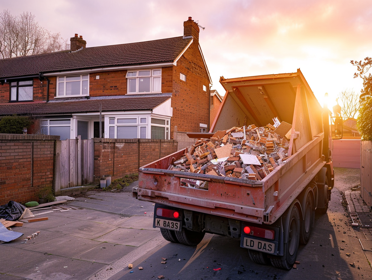 A loaded skip being lifted off a UK driveway by a skip lorry