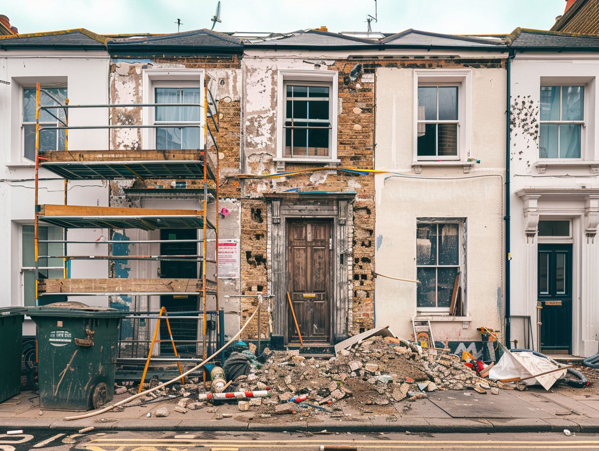 A skip placed outside a UK terraced house undergoing renovation