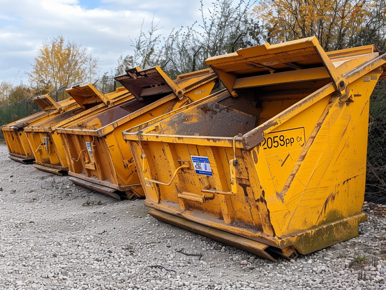 Three different-sized skips lined up side by side